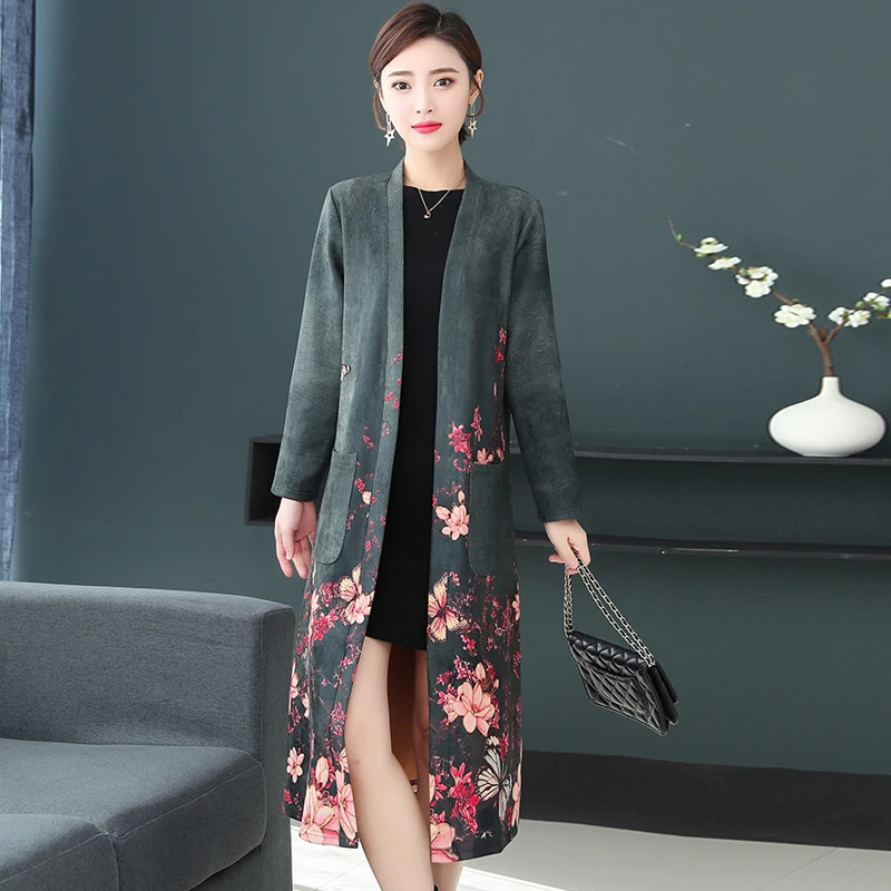 2022 Spring Autumn Suede Trench Coats Women\'s New Fashion Slim Printed Mid-long Outerwear Korean Slim Cape Cardigan Jackets J441