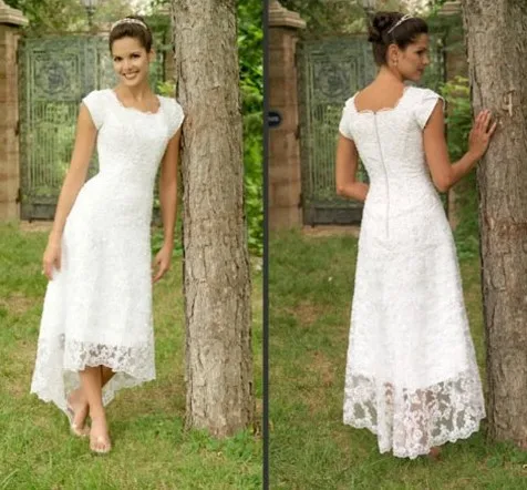 Vestidos de novia de encaje longitud del tobillo con manga de casquillo una línea vestido de fiesta largo com renda e tule vestido de novia de talla grande 2015