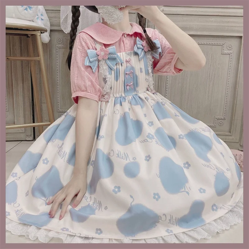 Vestido de chica japonesa Lolita, estampado de leche, cintura alta, bonito lazo de encaje Kawaii, gótico, Lolita, Jsk, Loli, Cosplay, Cos Loli