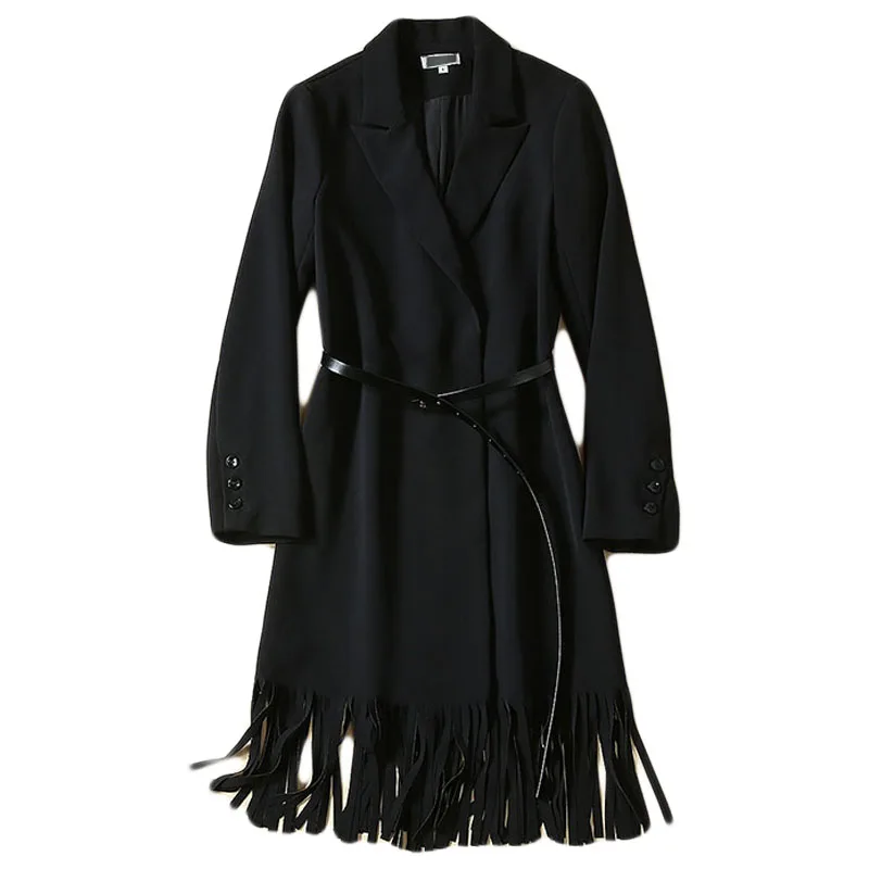 2025 Spring High Quality Catwalk Fashion Street Casual Workplace Vintage Elegant Chic Tassel Black Slim Knee Dress Women