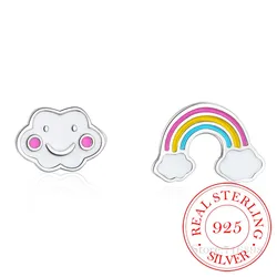 100% 925 Sterling Silver Rainbow Asymmetric Stud Earrings For Women Kids Wedding Jewelry boucle d'oreille Hypoallergenic
