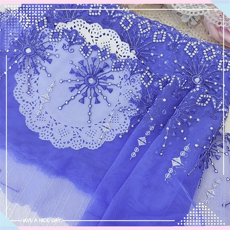 2Yards 21cm wide Blue Polyester Soft Mesh Embroidery Lace Trimmings Dress Accessories Lace Fabric Sewing Crafts Doll Material