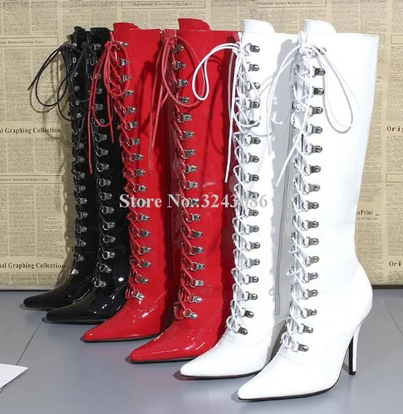 New Near Knee Woman Boots Sexy Pointed Toe Lace-up Ladies Long Boots Thin Heel Patent Leather Motorcycle Boots