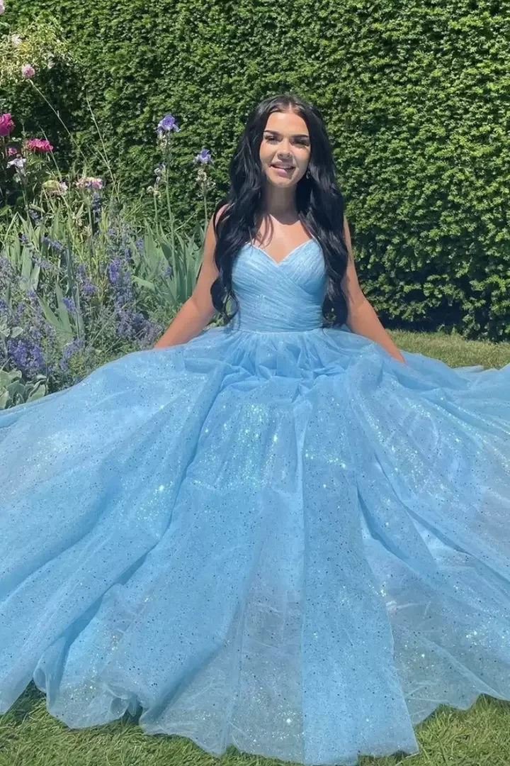 Robe De bal longue en Tulle bleu clair, ligne a, paillettes scintillantes, col en V, Spaghetti, lacets dans le dos, robes De soirée, 2022