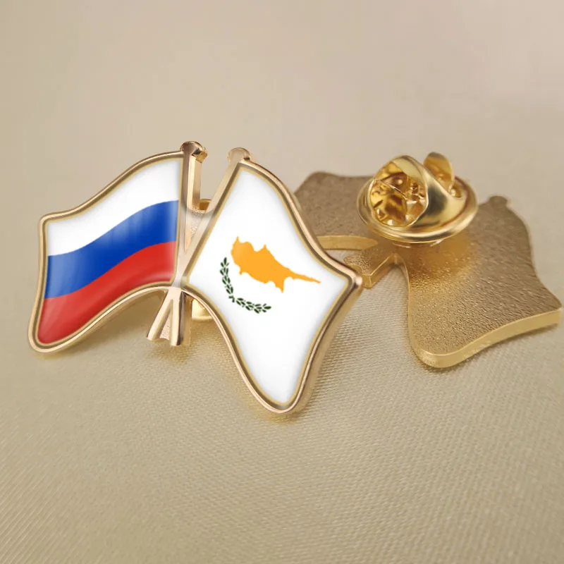 Russian Federation and Cyprus Crossed Double Friendship Flags Lapel Pins Brooch Badges