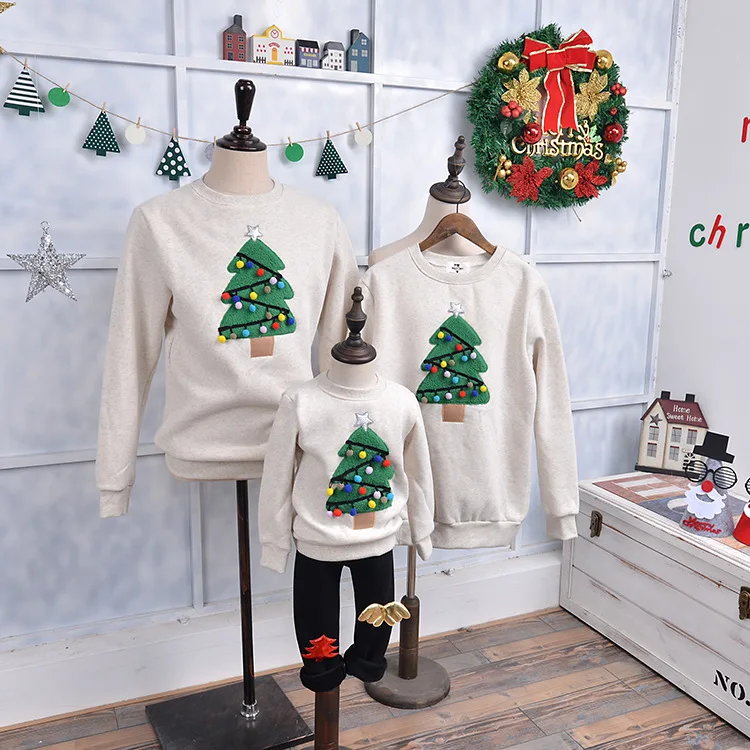 Mommy and Me Christmas Family Matching Clothes New Year Women Kids Homewear Hoodie Sweaters Xmas Tree Embroidery Good Quality