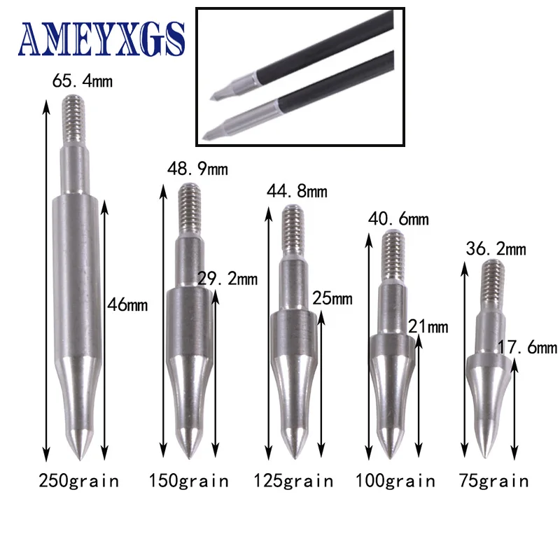 6/12pcs 75/100/125/150/200/250/300 Grains Archery Target Field Points Replacement Arrow Head Steel Diameter 8mm General Thread