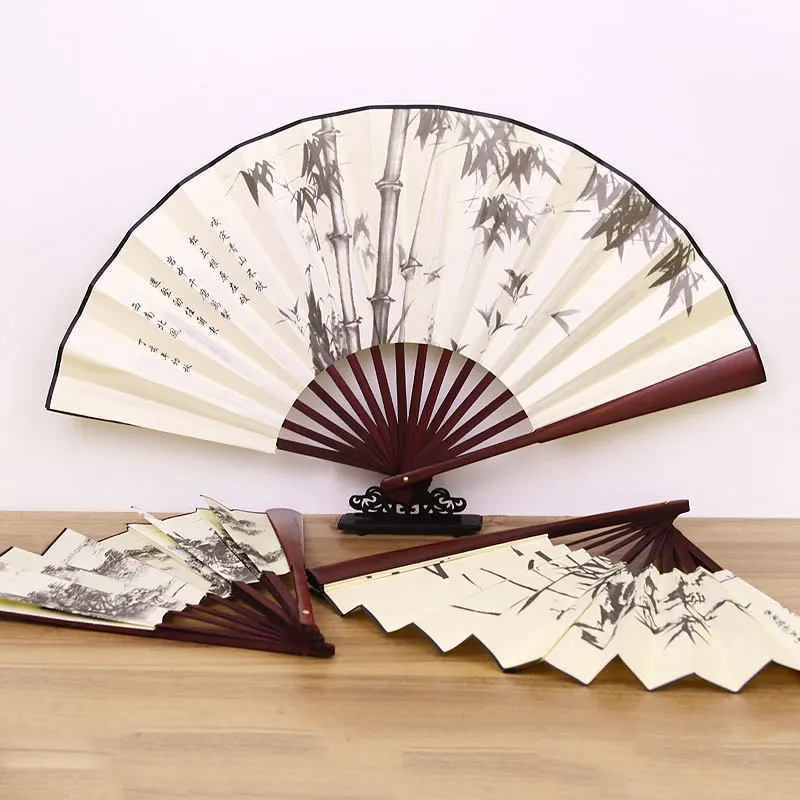 1Pc Retro Folding Silk Fan Chinese Style Decorative Men Pocket Bamboo Handle Hand Fan