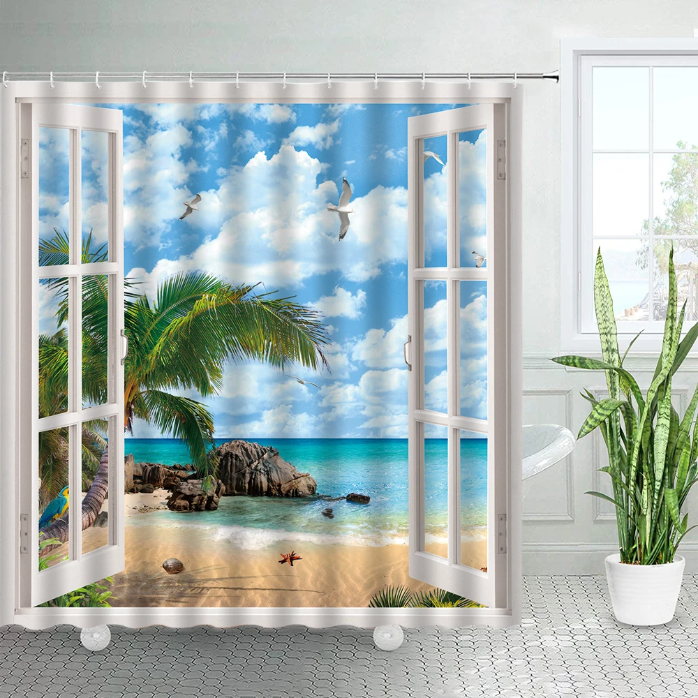 Turquoise Shower Curtain Tropical Palm Trees Island Ocean Beach White Wooden Windows Fabric Bathroom Decor with Hooks Blue Green