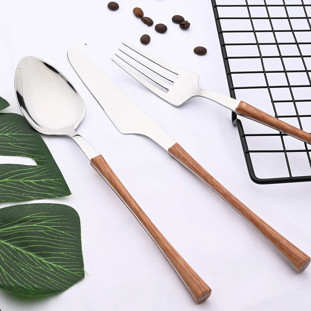 Dinner Silver Stainless Steel Imitation Wooden Handle Dinnerware Knife Coffee Spoon Tea Fork Cutlery Set Tableware Flatware