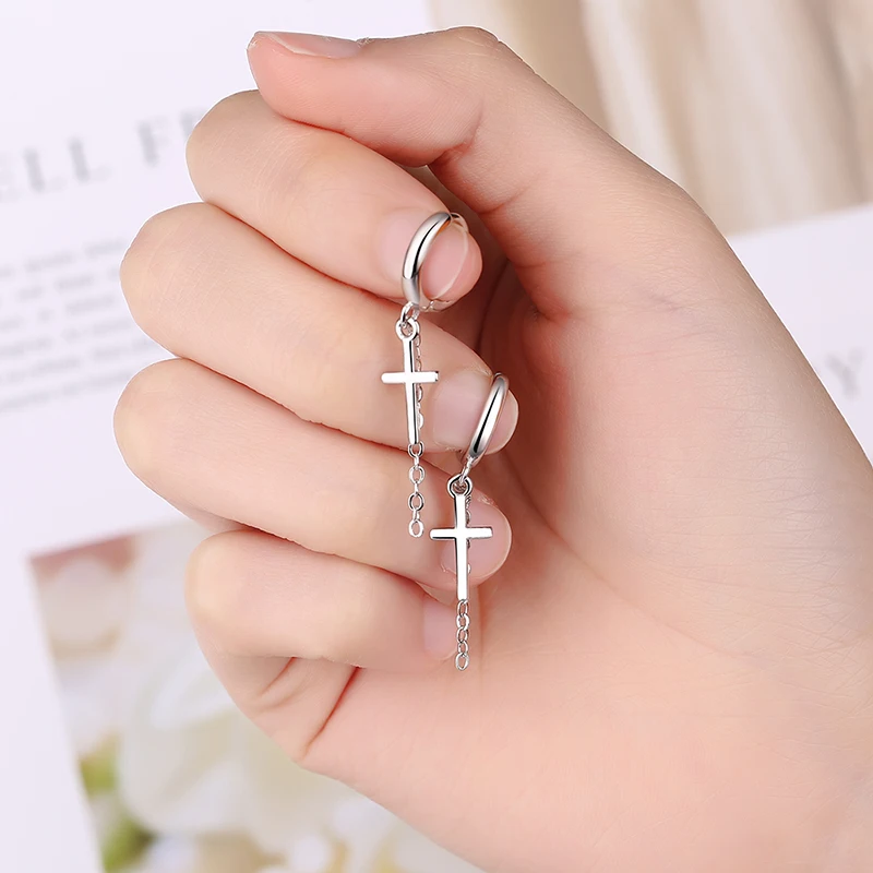 Women\'s Fashion Simple Style Drop Earrings Small Huggies With Cross Pendant Thin Tassel Dangle Earring Piercing Accessories Gift