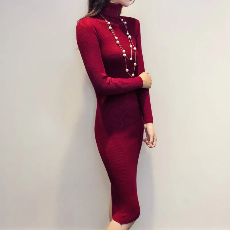 

Autumn Winter Turtleneck Ribbed Knit Bodycon Dress Women Solid Long Sleeve Office Ladies Form Fitted Pencil long Dresses