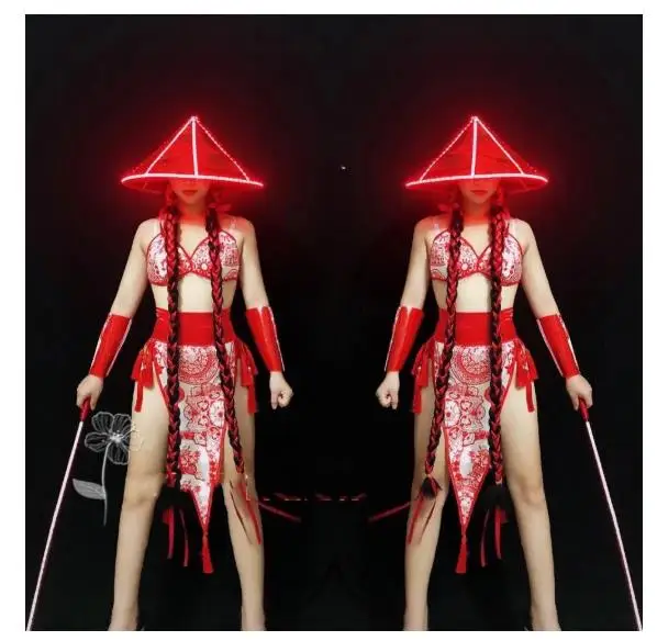 

Sexy Performance Costume Chinese Style Women Nightclub Bar DJ Female Singer Stage Jazz Dance Costumes With Glow Hat