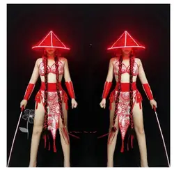 Sexy Performance Costume Chinese Style Women Nightclub Bar DJ Female Singer Stage Jazz Dance Costumes With Glow Hat