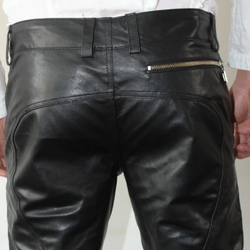 Fashion Brand Mens Sheepskin Genuine Leather Pencil Pants Plus Size Harajuku Double Zippers Designer Motorcycle Leather Pants