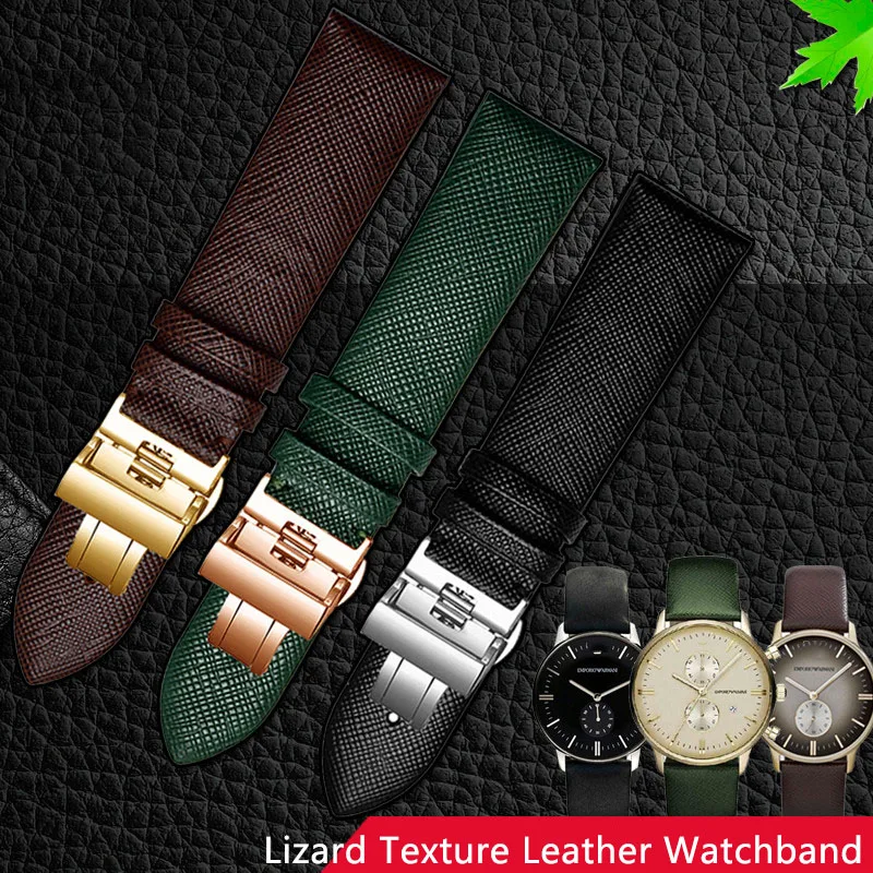 Fashion Lizard Texture Leather Watchband Pin Buckle Watch Strap for AR1674 AR0382 AR1722 Women and Man 18mm 20mm 22mmBlackGreen