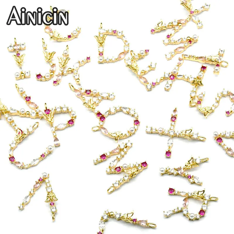 High Quality 26 Initial Letters Alphabet Red CZ Setting Butterfly Decoration Pendants For DIY Jewelry Making