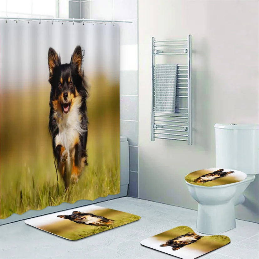 Lovely Portrait of Three Chihuahua Puppy Shower Curtain Set Cute White Brown Black Chi Breed Doggy Bathroom Mats for Toilet Gift