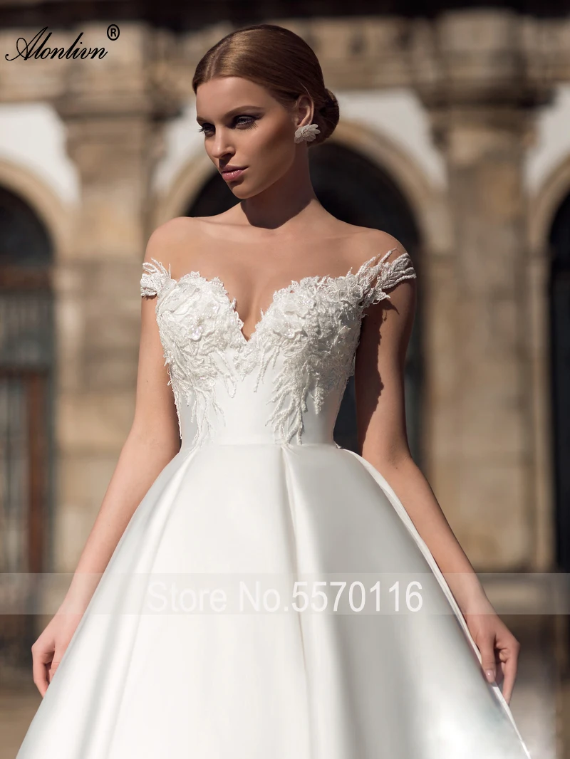 Alonlivn Lustrous Satin Beading Pearls Embroidery Sweetheart A-Line Wedding Dresses