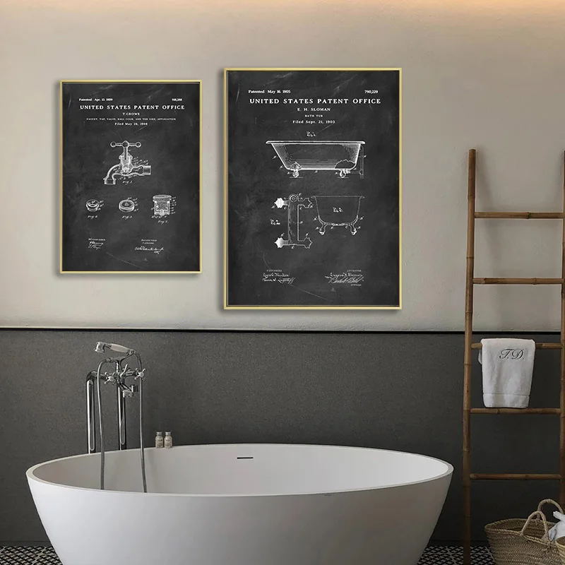 

Flush toilet toothpaste toilet paper patent poster vintage canvas print, picture painting modern bathroom home decor