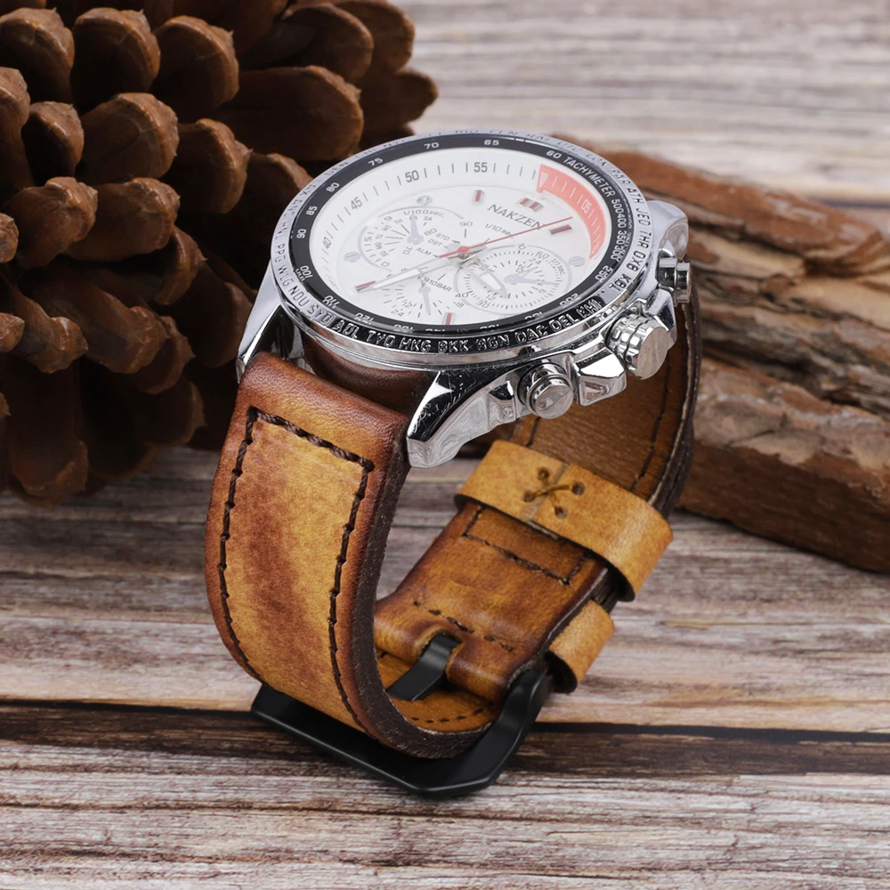 Cowhide Watch Strap Vintage Genuine Leather 20mm 22mm 24mm Black Red Women Men Fashion Watch Band Strap Belt With Black Buckle