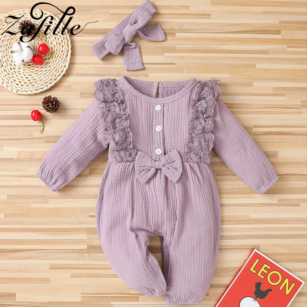 ZAFILLE Baby Girl Clothes 8Colors Lace Sleepwear For Newborns Jumpsuit Ruffles Bow Infant Girls Rompers+Headband Baby Clothes