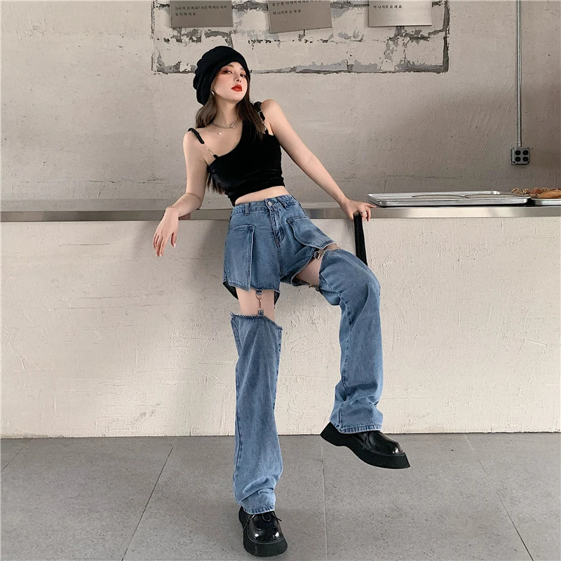 

Summer Removable High Waist Detachable Trousers Hollow Out Destroy Blue Denim Long Straight Pants Women Streetwear Washed Jeans