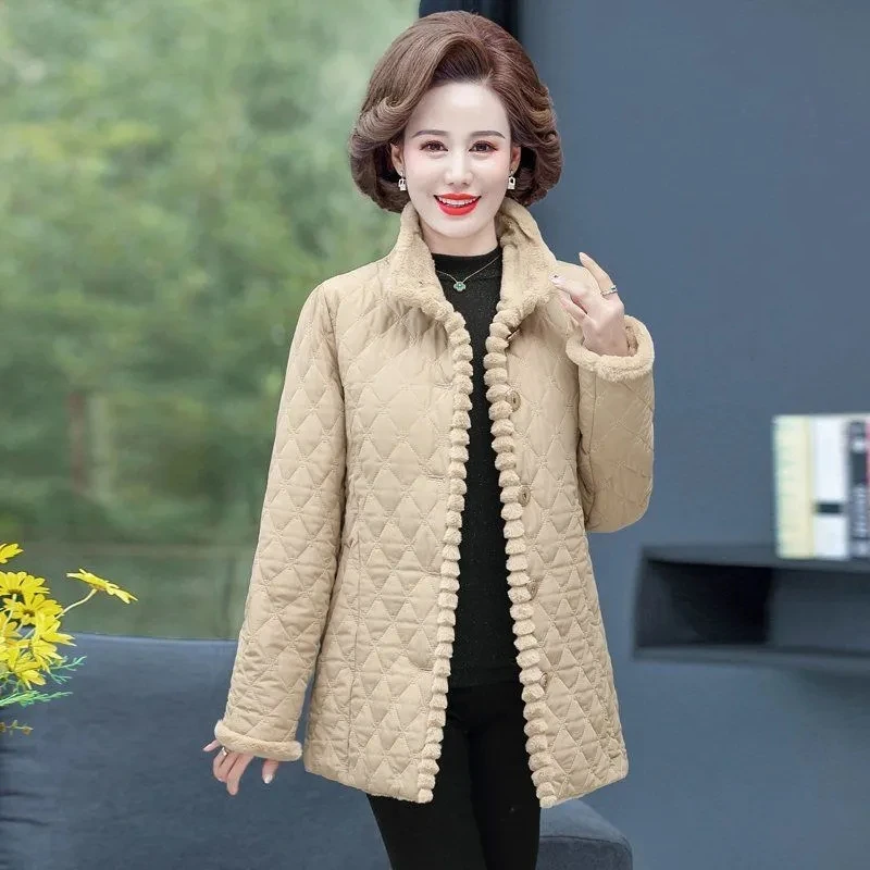 Winter New 2023 Add Velvet Keep Warm Ladies Jacket Stand-Up Collar Cotton Middle-Aged Mother Dress Thick Cotton Clothing