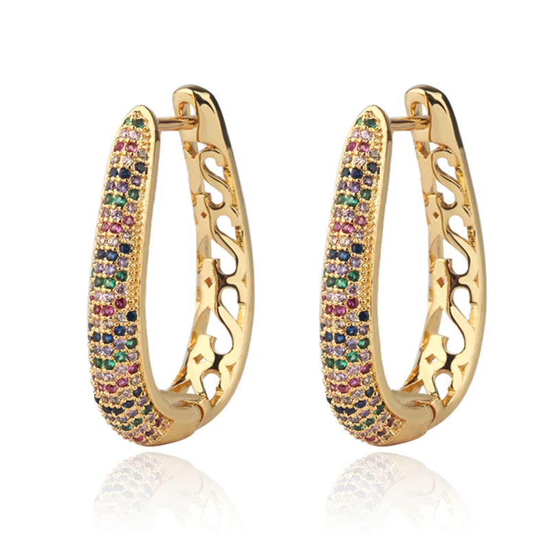 OMYFUN Luxury Hoop Earrings Gold Color Multicolor CZ Micro Paved Earrings Summer Winter All Fit Cheap Semi Joyas Brincos E93