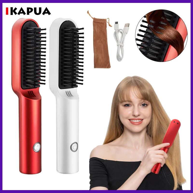 Hair Straightener Brush Cordless USB Charge Beard Straightener Hair Styler Hot Comb Hair Iron Heating Brush Beard Brush