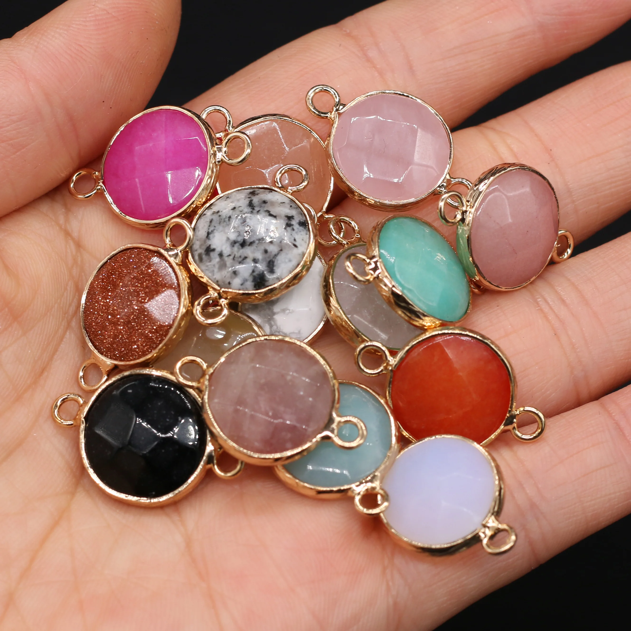 Natural Stone Faceted Two-hole connector Exquisite Charms Round Pendant For Jewelry Making DIY Necklace Bracelet Accessory