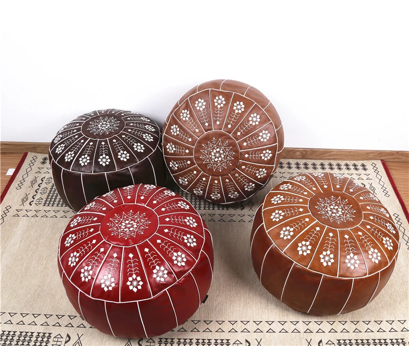 Real First Layer Leather Handmade Morocco Pouf Home Decoration Seat Pillow Cushion Without Core Removable Round Cushion Case