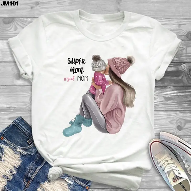 Harajuku Cartoon Print T-shirt for Women, Super Mom Life, Graphic Female Clothing, Pink Tee, Top for Ladies, Summer