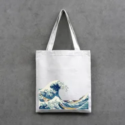 1 pieza, bolso de compras de lona para mujer, bolsos de mano de tela Ukiyoe, bolsos de un solo hombro, bolso de compras para mujer