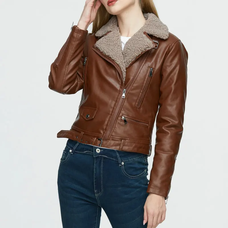 Vrouwen Hoge Kwaliteit Winter Warm Faux Lederen Jassen Dame Bruin Bont Motorfiets Biker Straat Bovenkleding Jassen Nieuwe Mode