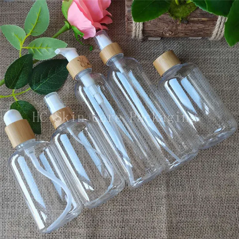 

Clear/amber/frosted plastic bottles with bamboo lid plastic toner water cap bottle shampoo and conditioner refillable bottle