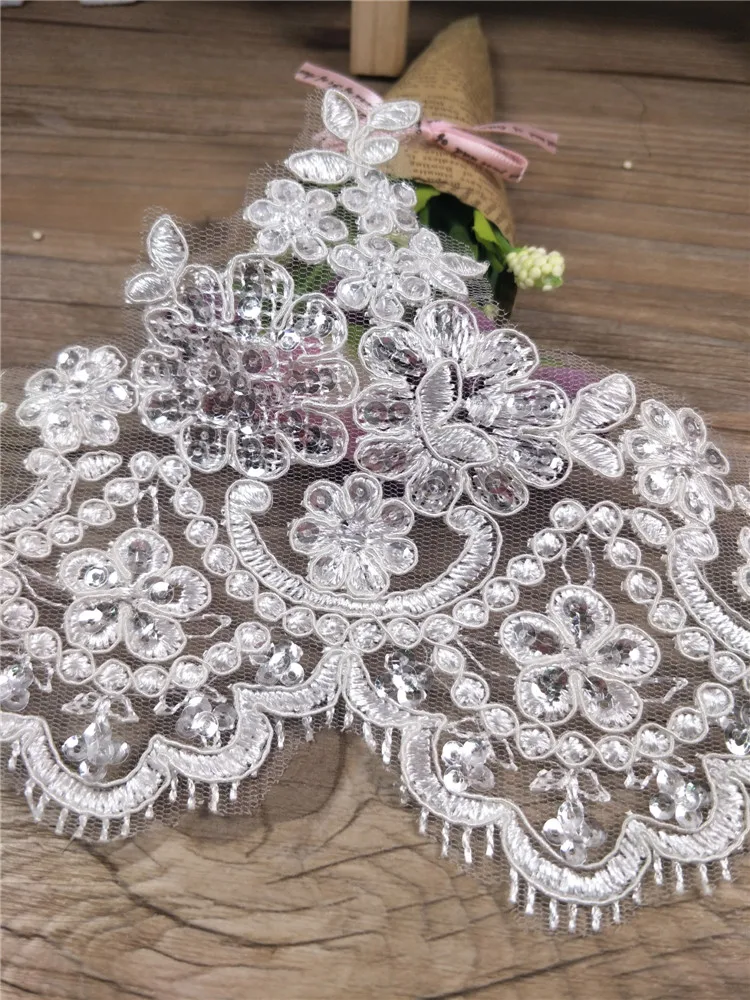 1Yard/13cm White Ivory Sequin Cording Fabric Flower Venise Venice Mesh Lace Trim Applique Sewing Craft for Wedding Dec.