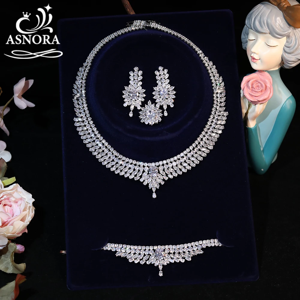 ASNORA 4Pcs Brilliant Cubic Zircon Necklace Earrings Ring and Bracelet Bridal Wedding Party Jewelry Sets Dress Accessories X0081