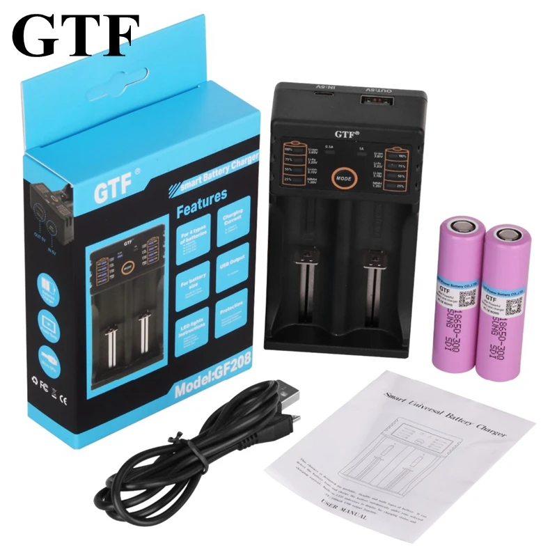 GTF – 2 batteries rechargeables au Lithium 3.7V 3000mah 18650, pour lampe torche + 1 chargeur 18650
