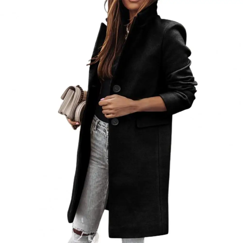 Wool Blends Long Sleeve Two Buttons Women Coat Autumn Winter Flap Pockets Lapel Long Warm Woolen Coat Ladies Clothing