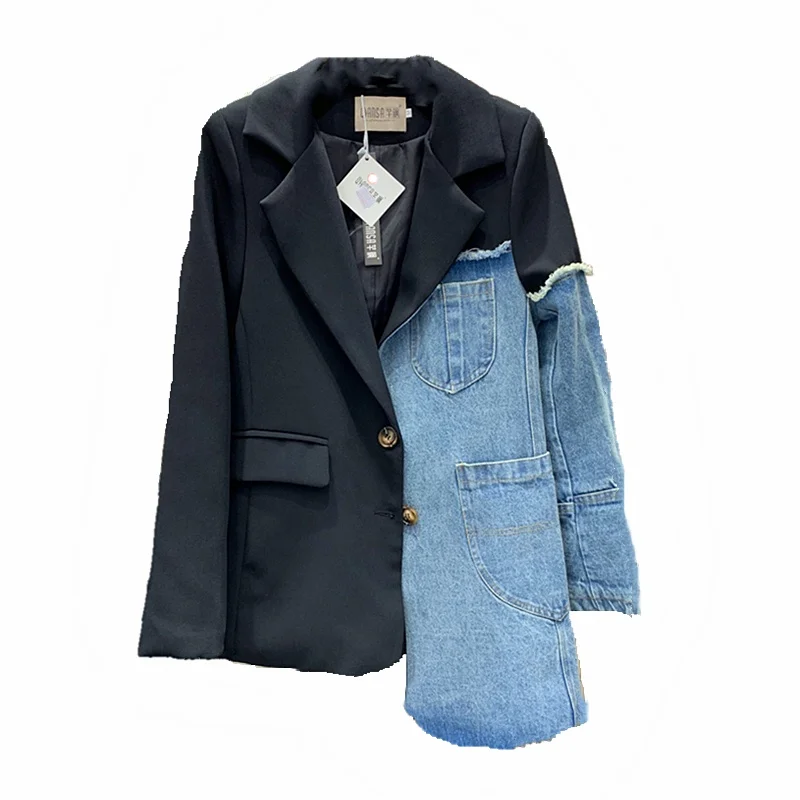 Women New Asymmetric Black Color Patchwork Women Denim Blazer Sigle Breasted Fashion Jeans Jacket