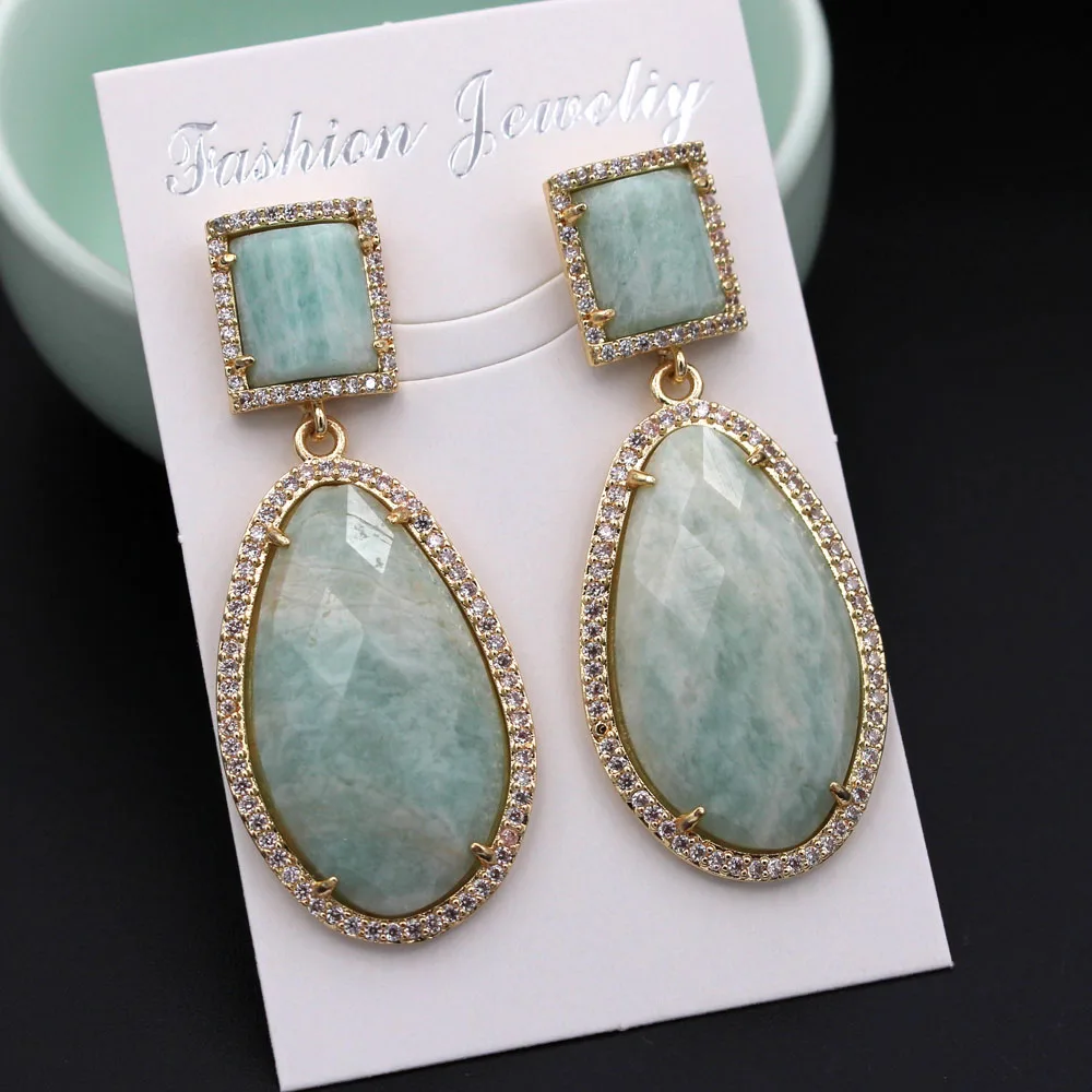 1pair Fashion Natural Oval Drop Jade Agate Stone Earrings CZ paved Posts for Women Hanging Dangle Earrings Female Party Jewelry