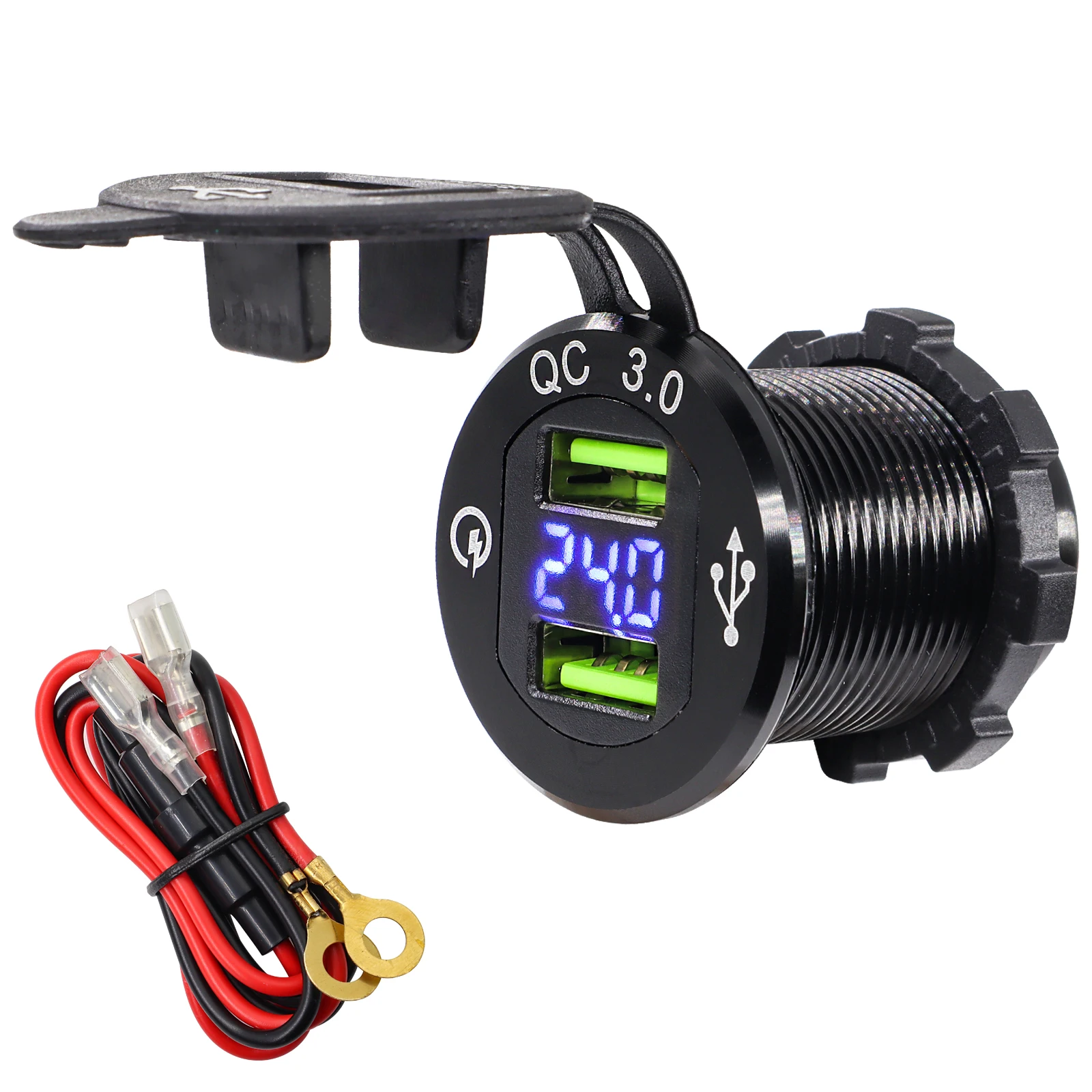 12/24V Car Quick QC3.0 Dual USB Waterproof Outlet Charger Socket Power Adapter Fast Charge with Wire LED Aluminum Voltmeter Auto