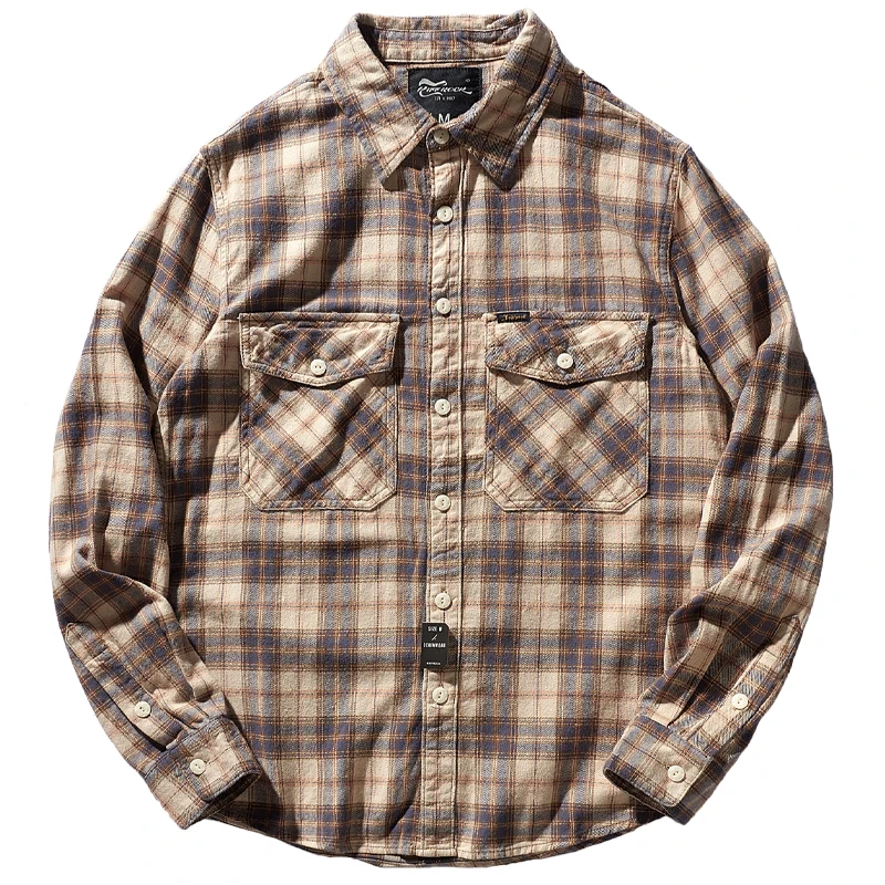 Autumn American Retro Tooling Plaid Shirt Men\'s Fashion Frosted Flannel Pure Cotton Washed Old Pocket Long Sleeve Casual Blouses