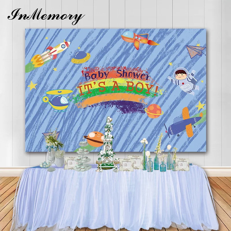 

InMemory Our Little Prince Birthday Background Baby Shower Photography Props It's a Boy Space Photo Backdrops Studio Banner