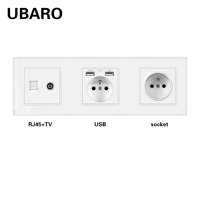 UBARO 258*86mm Fr Standard Glass Panel Wall Socket And RJ45 RJ11 TV Signal Terminals Plug Home Outlet AC110-250V 16A