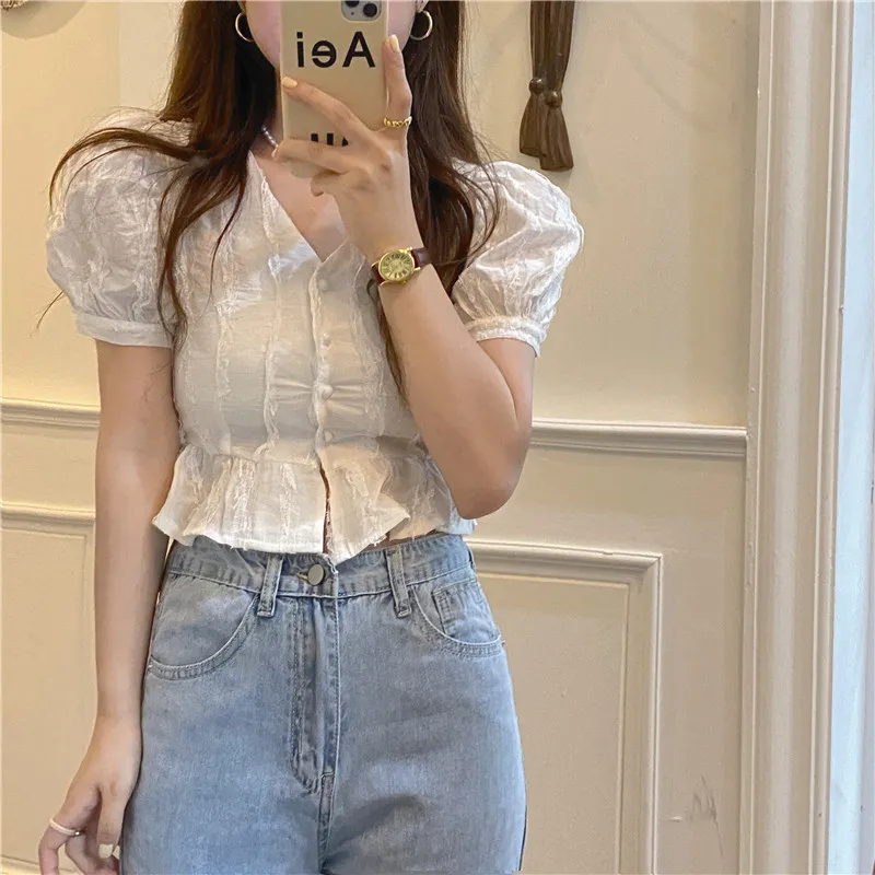 Sweet Lace Stitching Summer Women's Shirt Korean Fashion Puff Short Sleeve Slim Blouse Women Cotton Short Tops New Blusas 15668