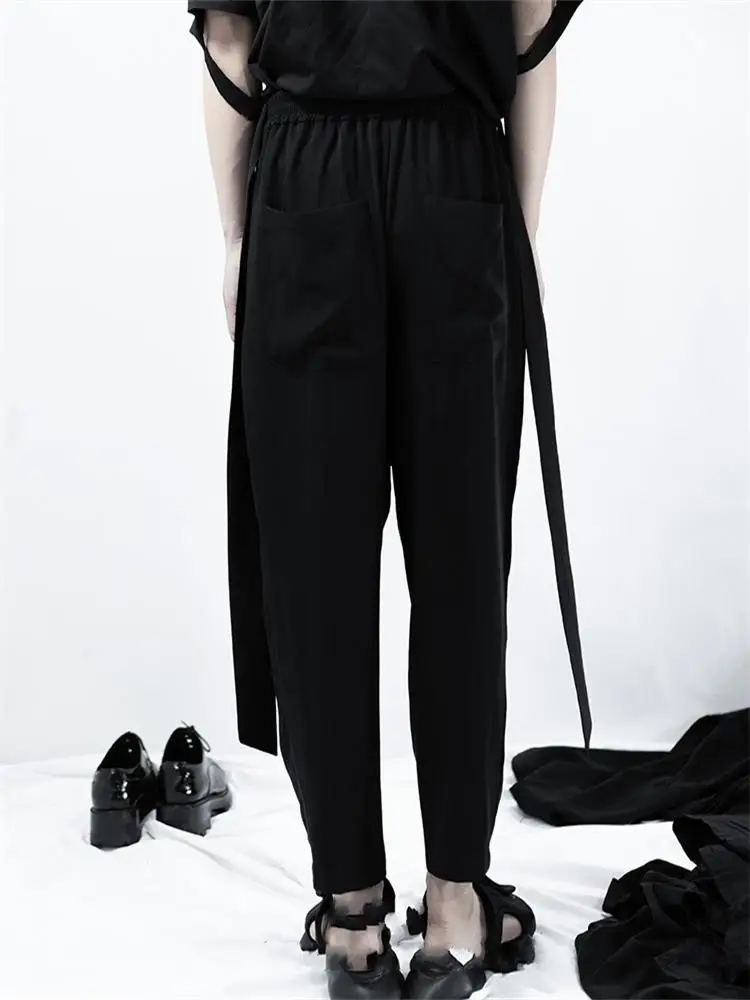 

Spring And Autumn New Men's Leisure Personality Elastic Waist Back Pocket Straight Pants Black Tie Loose Wide Leg Pants