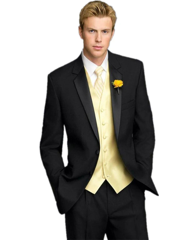 

2022 New Black Blazer Trousers Tuxedos Men Suit Wedding Suits For Men 3Pieces Groomsmen Suits Slim Fit Yellow Vest+Jacket+Pants