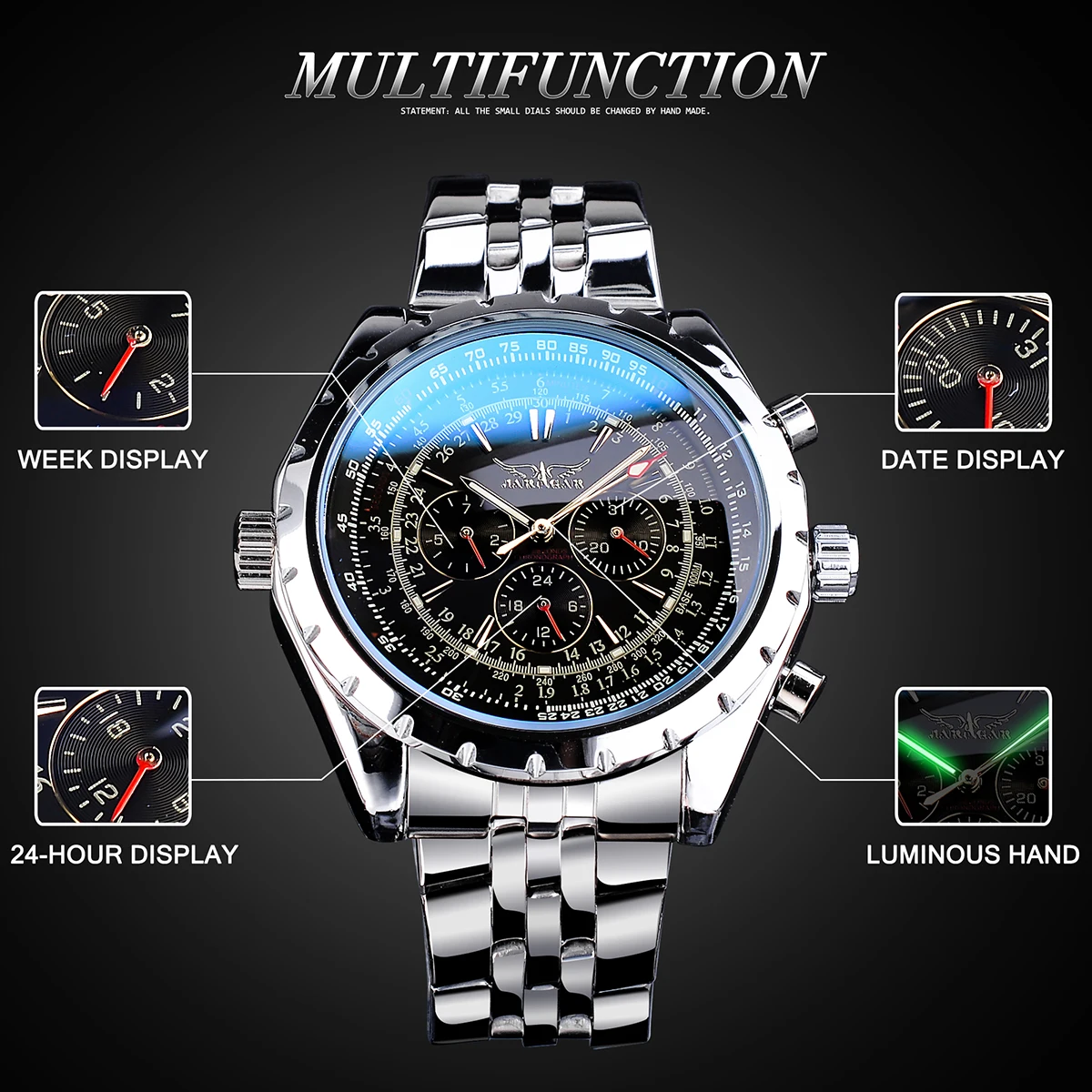 Jaragar Blue Glass Design Black Silver Automatic Watch Stainless Steel Date Clock Luminous Men Business Mechanical Wristwatch